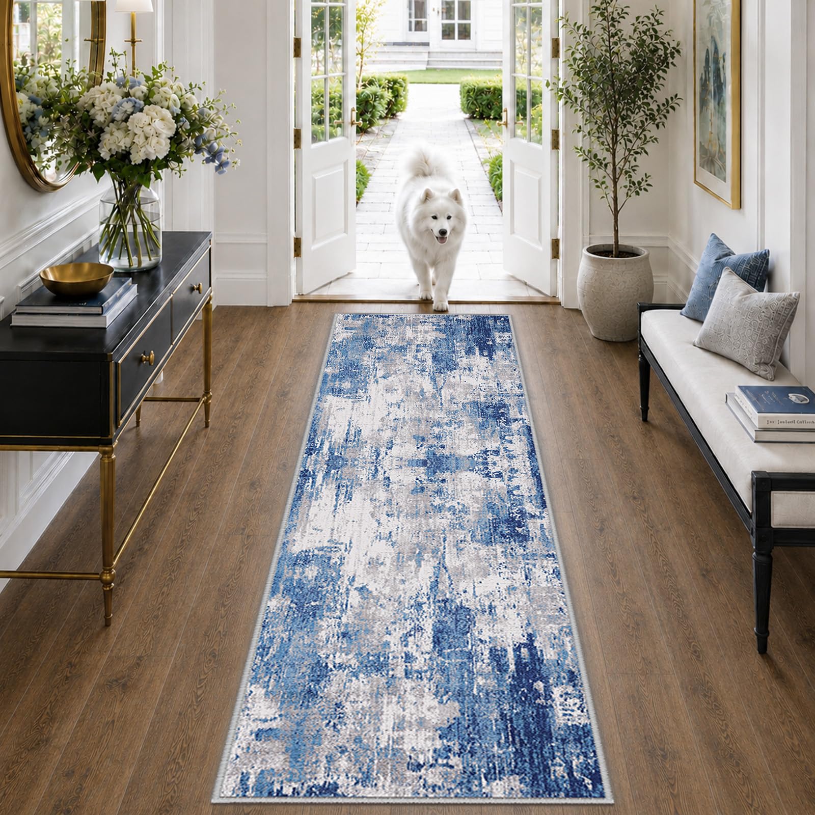 RELEANY front view of blue gray abstract runner showing modern style and durability