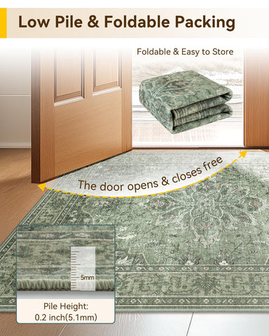 RELEANY rug beside shoe and foot to show 2x3 scale and compact convenience benefit