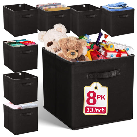 Reli. front view of eight black cube bins showing organized shelving benefit