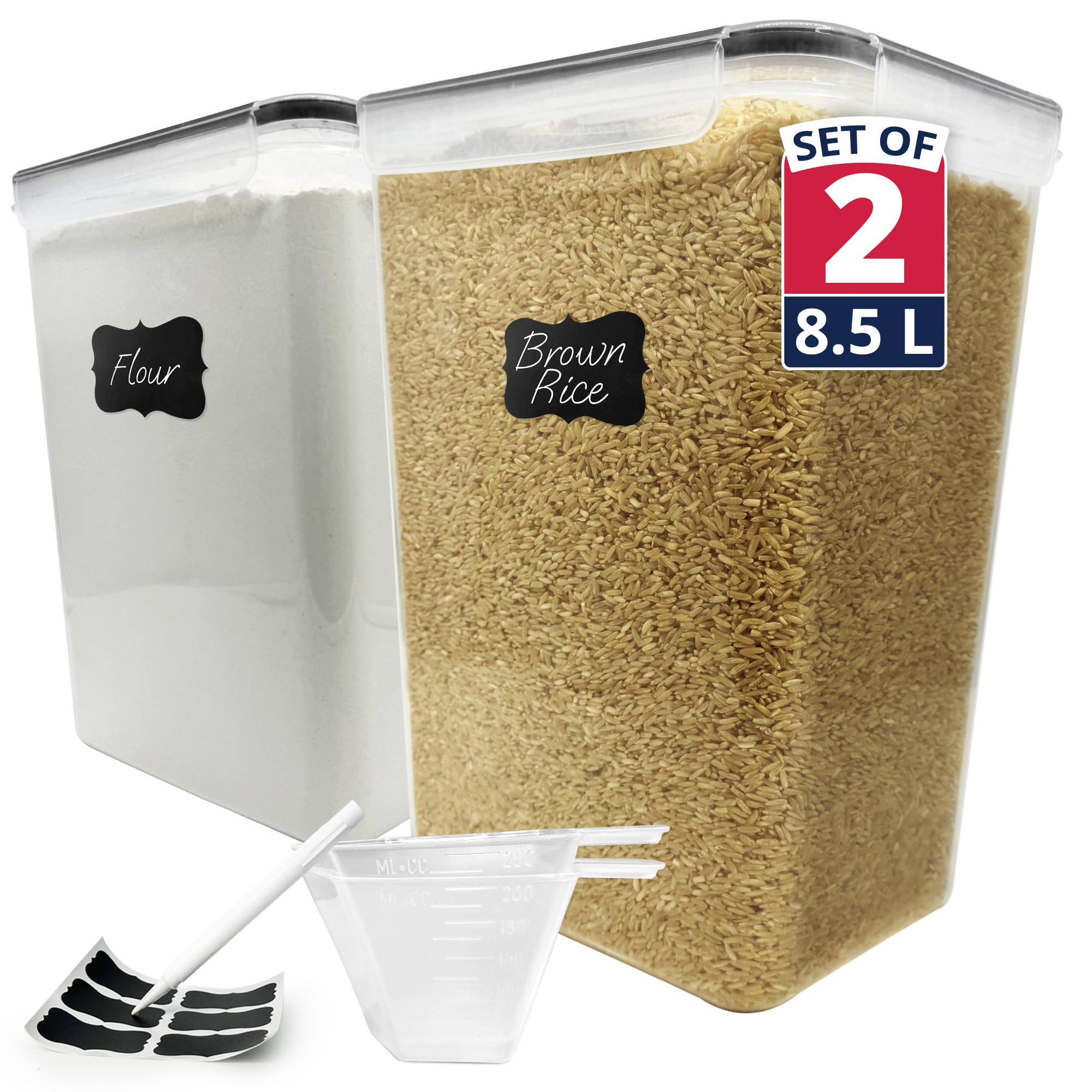 Reli front view of two containers showing capacity and included lids for organized storage
