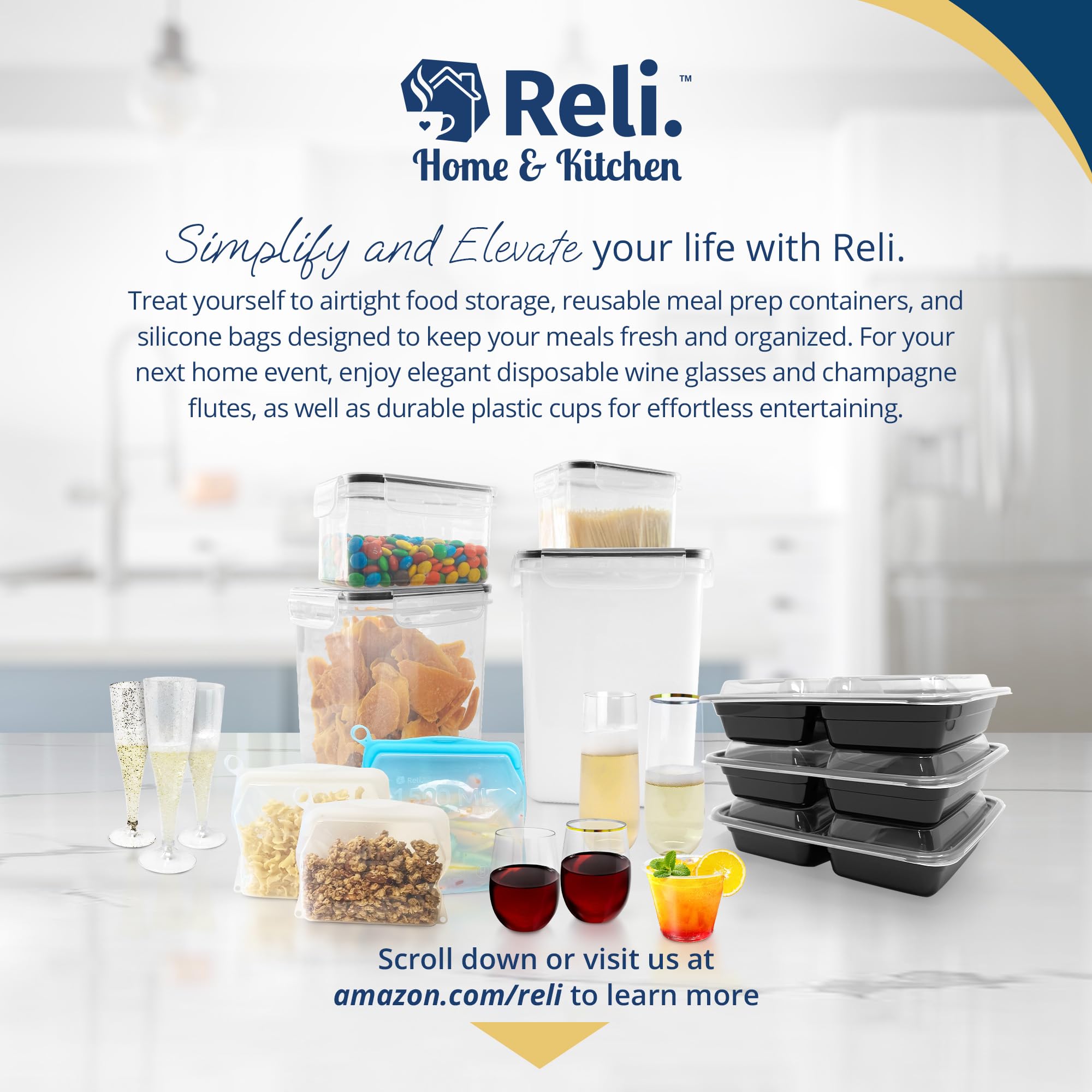 Reli kitchen scene with container near mixing bowl showing quick access while baking