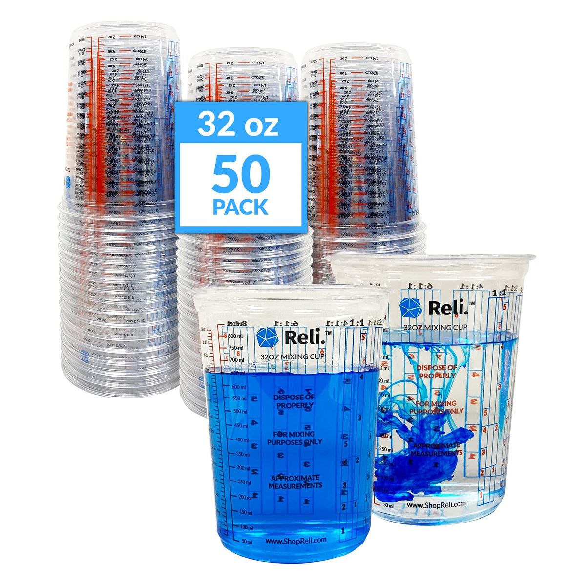 Reli. front packaging showing 50-piece bulk pack and clear graduations for easy use