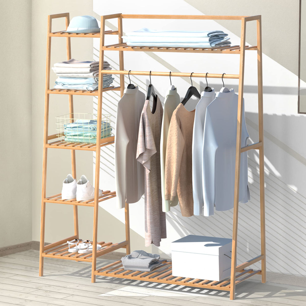 RELIANCER bamboo rack front view showing full storage and natural look