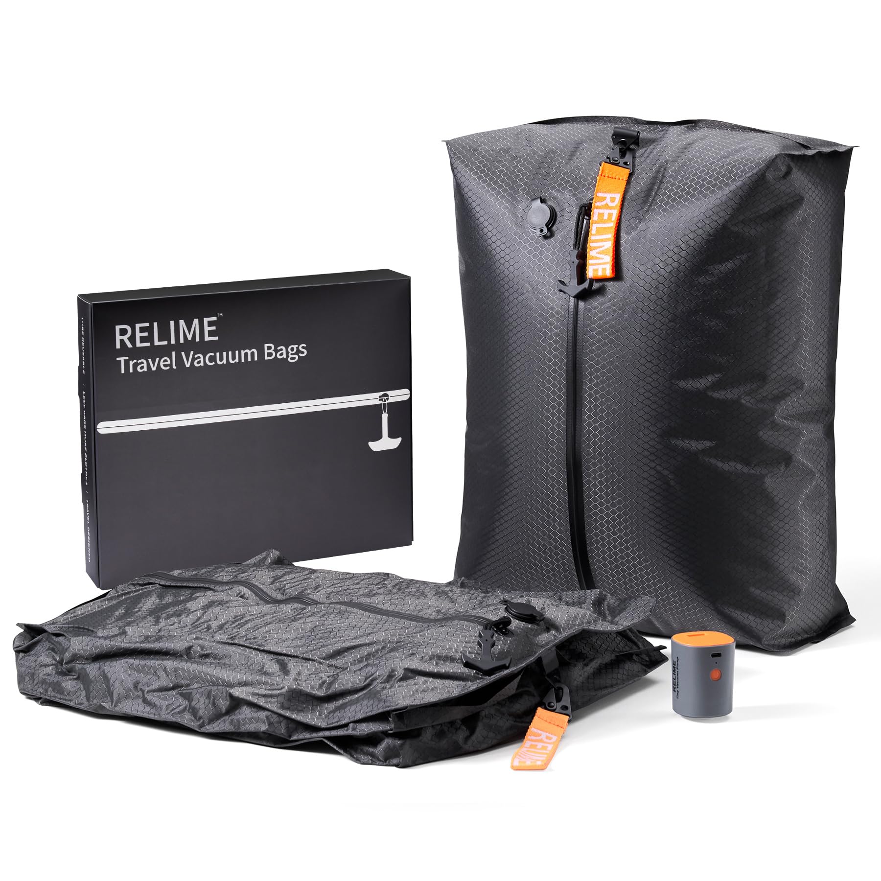 Relime front view of packing kit showing pump and two vacuum bags highlighting space saving