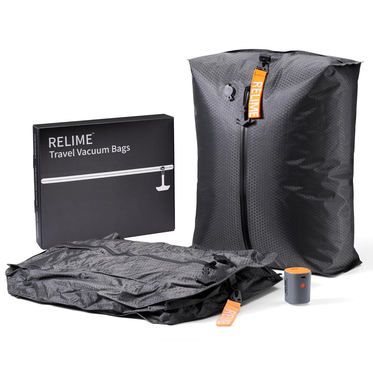 Relime front view of packing kit showing pump and two vacuum bags highlighting space saving