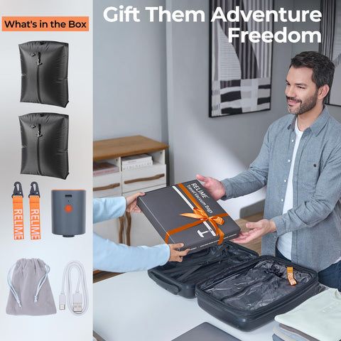 Relime vacuum bag beside folded clothes demonstrating size reduction and packing efficiency