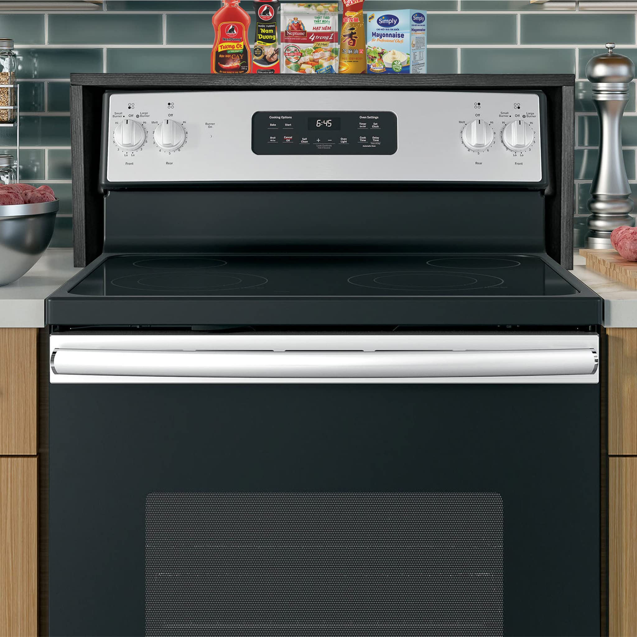 RELODECOR ebony installed above glass-top range showing fit and safety advantage