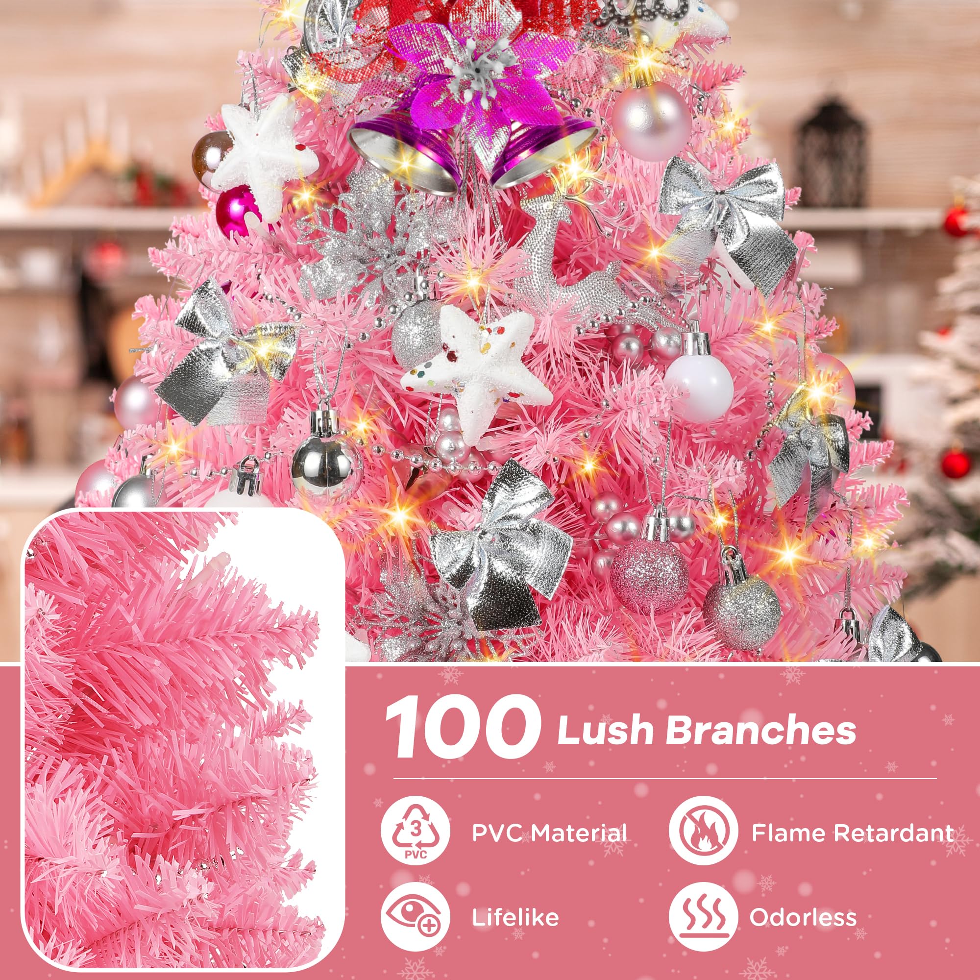 RELPOM tree lit in evening showing warm LEDs creating cozy ambiance