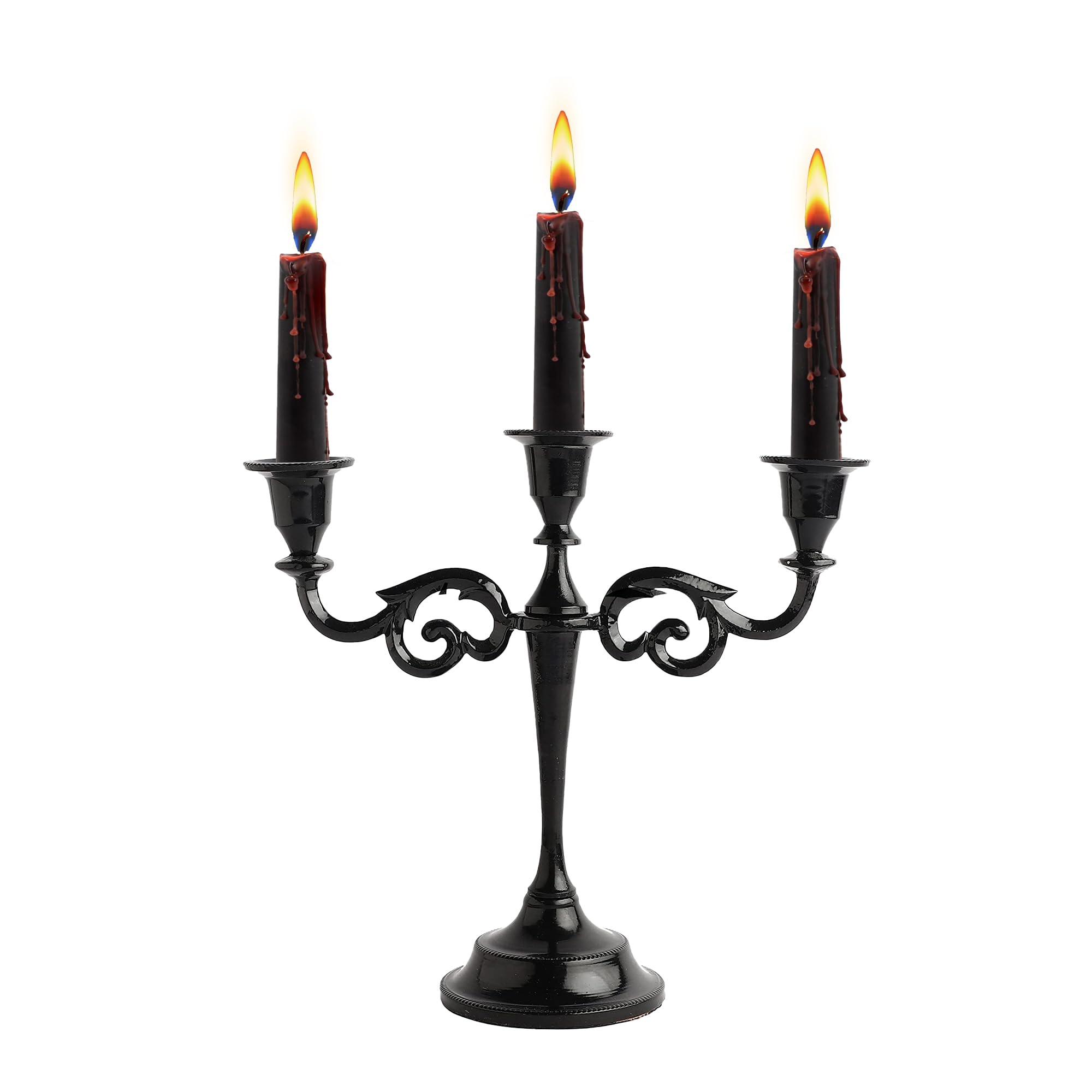 RELY+ candelabra front view showing three arms and black glossy finish, elegant centerpiece