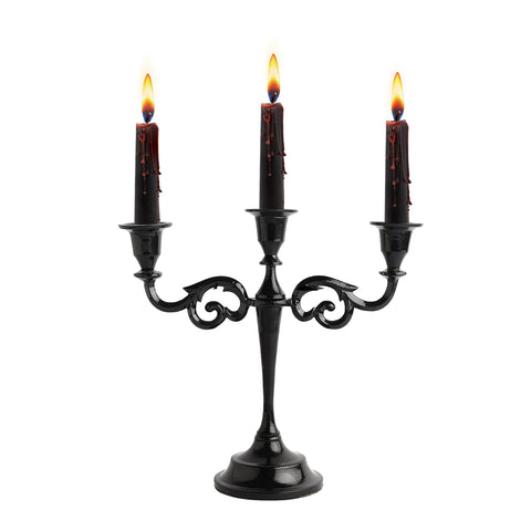 RELY+ candelabra front view showing three arms and black glossy finish, elegant centerpiece