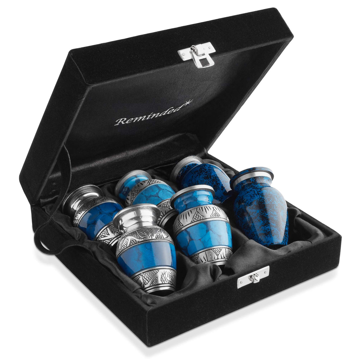 Reminded front packaging showing six blue and silver urns, neat presentation benefit