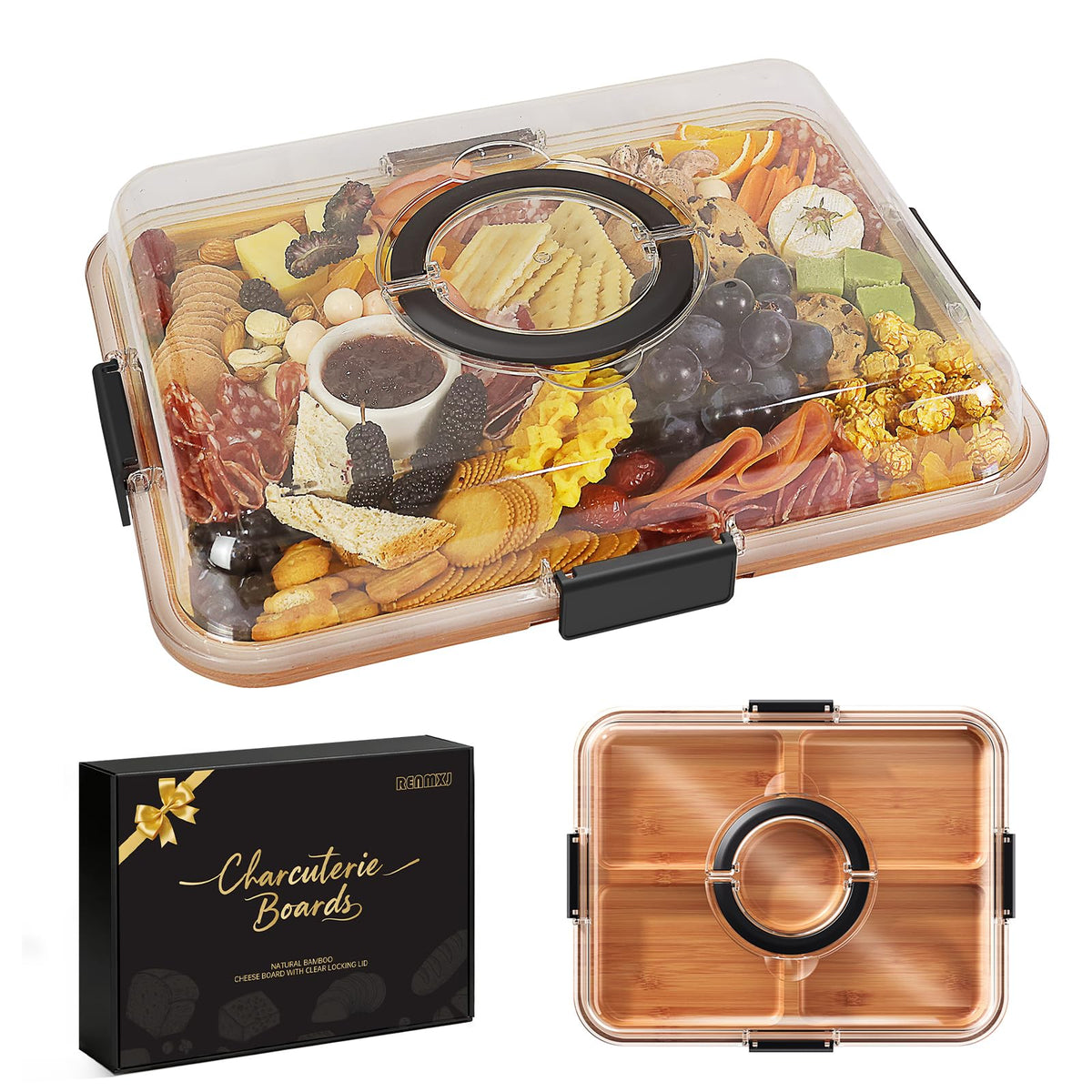 Renmxj front view showing closed bamboo board and locked lid, perfect for travel