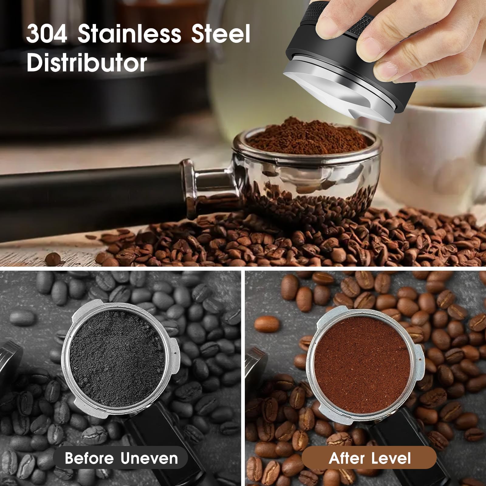 Reoszeank distributor close-up highlighting 304 stainless steel and even leveling benefit