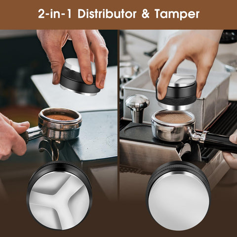 Reoszeank distributor and tamper closeup highlighting stainless durability benefit