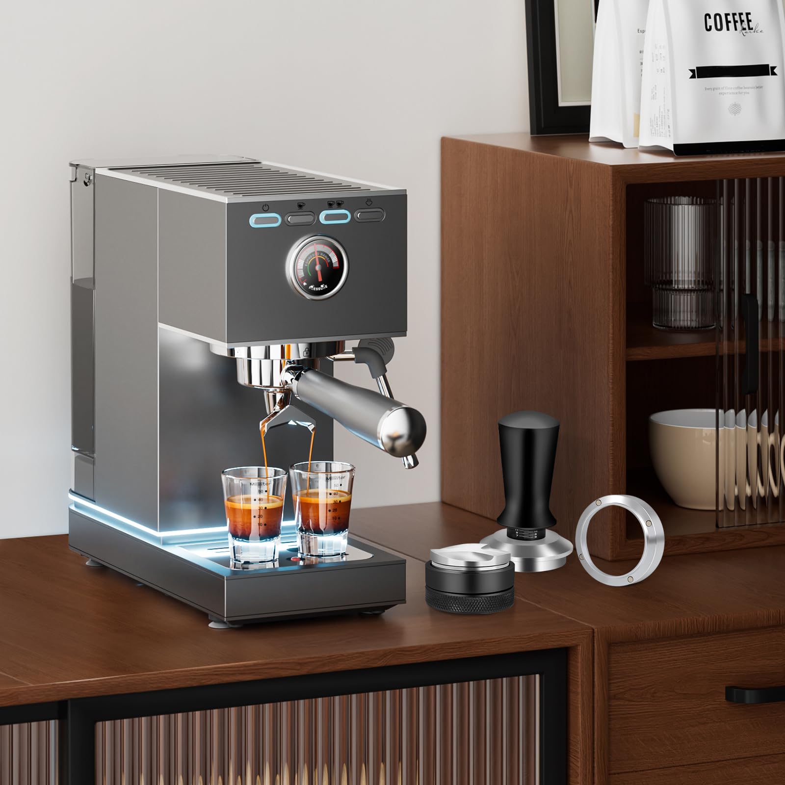 Reoszeank kit in a home espresso setup demonstrating easier shot workflow and tidy counter benefit