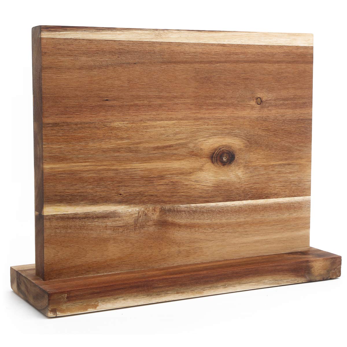 Resafy front view of acacia magnetic knife holder shows clean countertop storage benefit