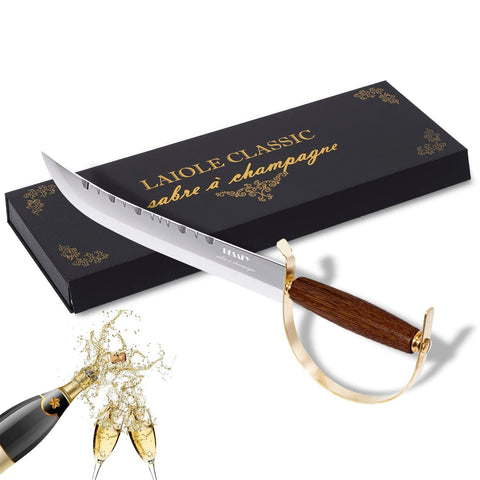 Resafy champagne saber front view showing elegant form and ready-to-use benefit