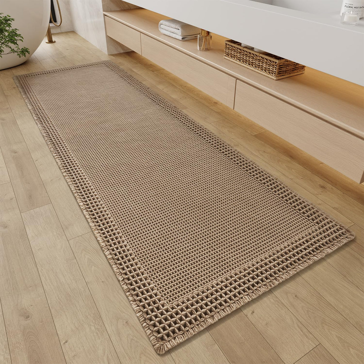 RESARE front view of brown waffle bathroom runner showing full length and design benefits