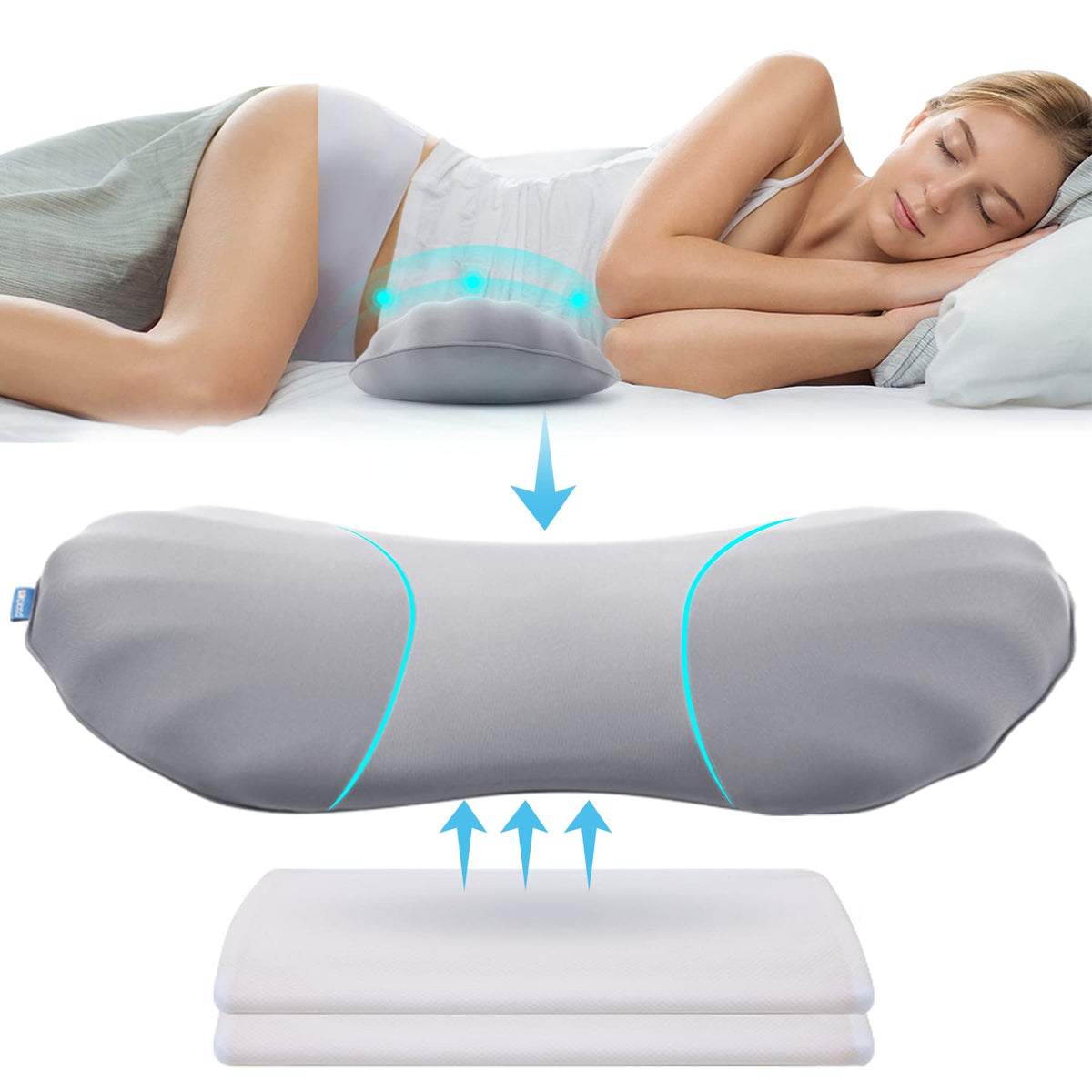 RESTCLOUD pillow front view showing wide lumbar support and breathable cover for better sleep