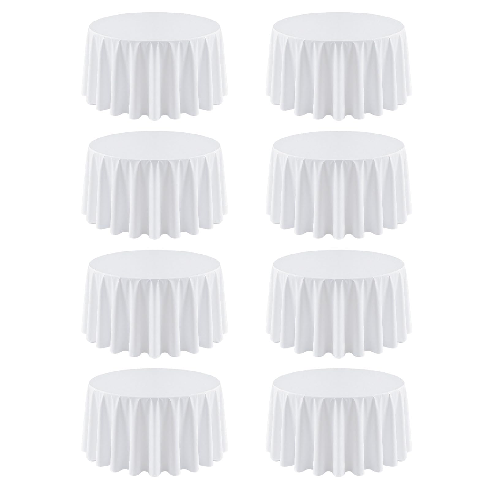 RestfulGlow front view of eight white tablecloths showing clean pack and value