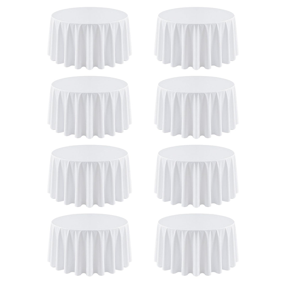 RestfulGlow front view of eight white tablecloths showing clean pack and value