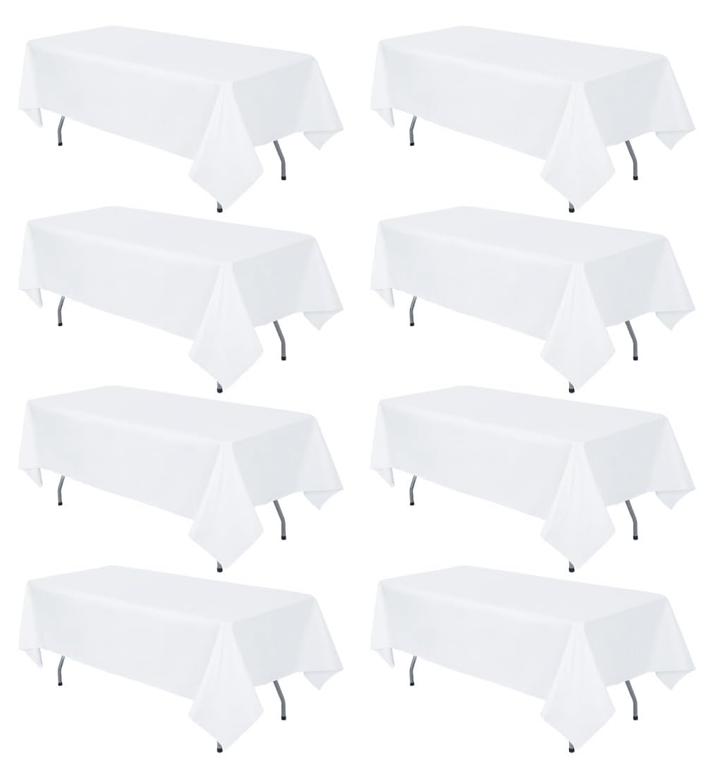 RestfulGlow front packaging showing eight white rectangle tablecloths, neat bulk value