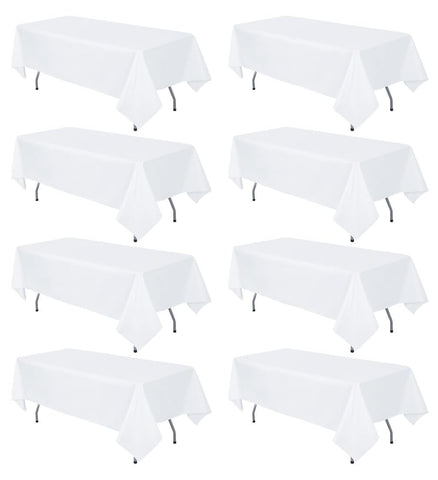 RestfulGlow front packaging showing eight white rectangle tablecloths, neat bulk value