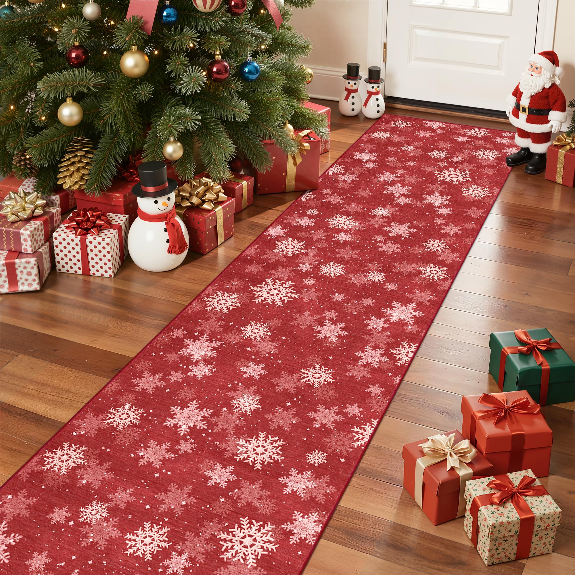 Restydon front view of red snowflake runner adding festive entryway warmth