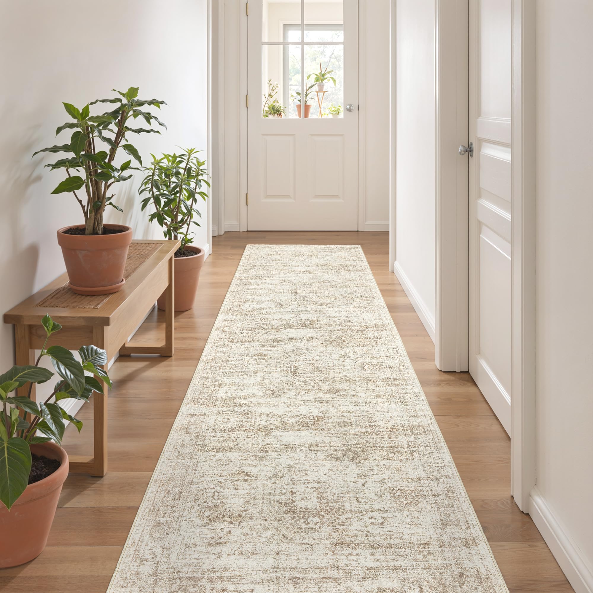 Restydon front view beige runner showing full pattern and neutral tone benefit