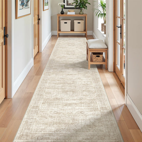Restydon front view of beige runner showing full length and tidy edges for cohesion