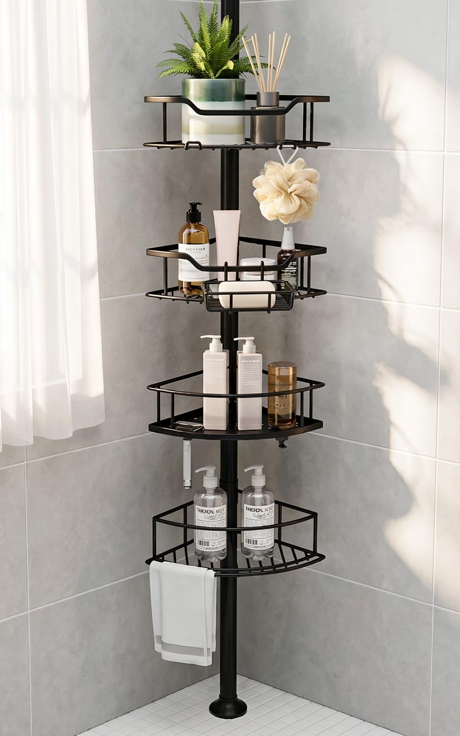 RESUNSY front view of four-tier corner caddy showing space-saving storage and balance