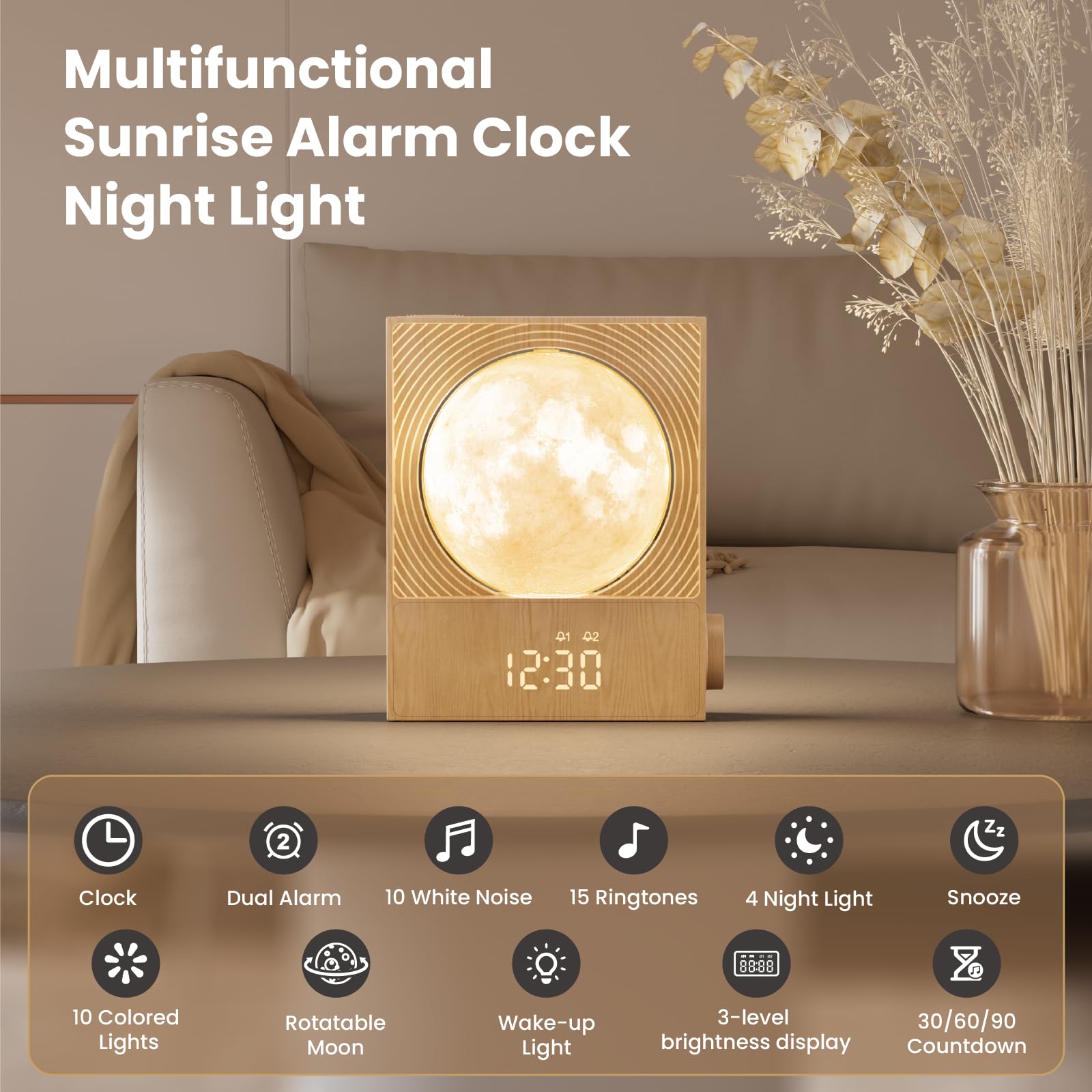 RETEYUNG close-up of rotatable moon light highlighting adjustable glow for tailored wake-ups