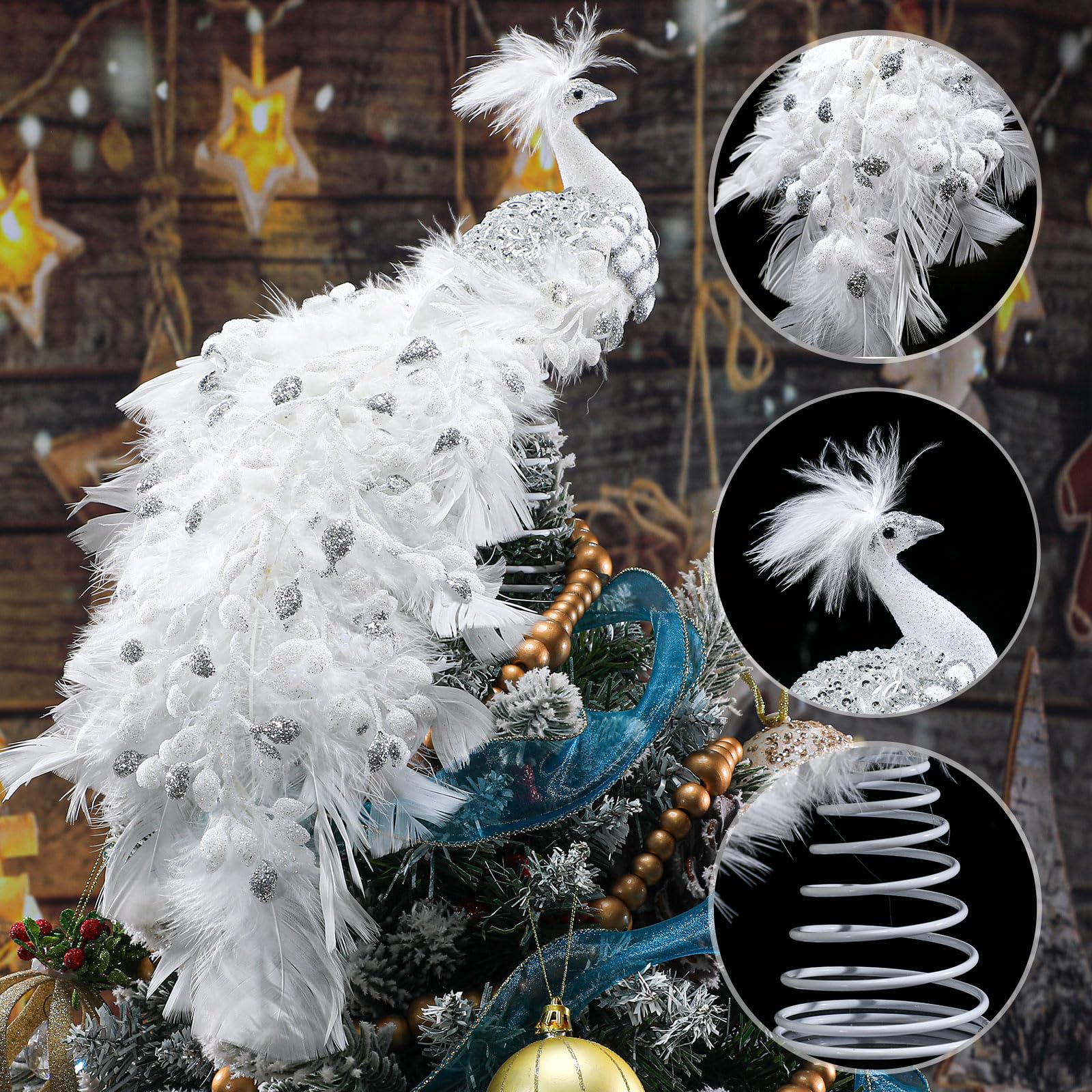 Retisee close-up of feather detail showing texture and glittered leaf accents