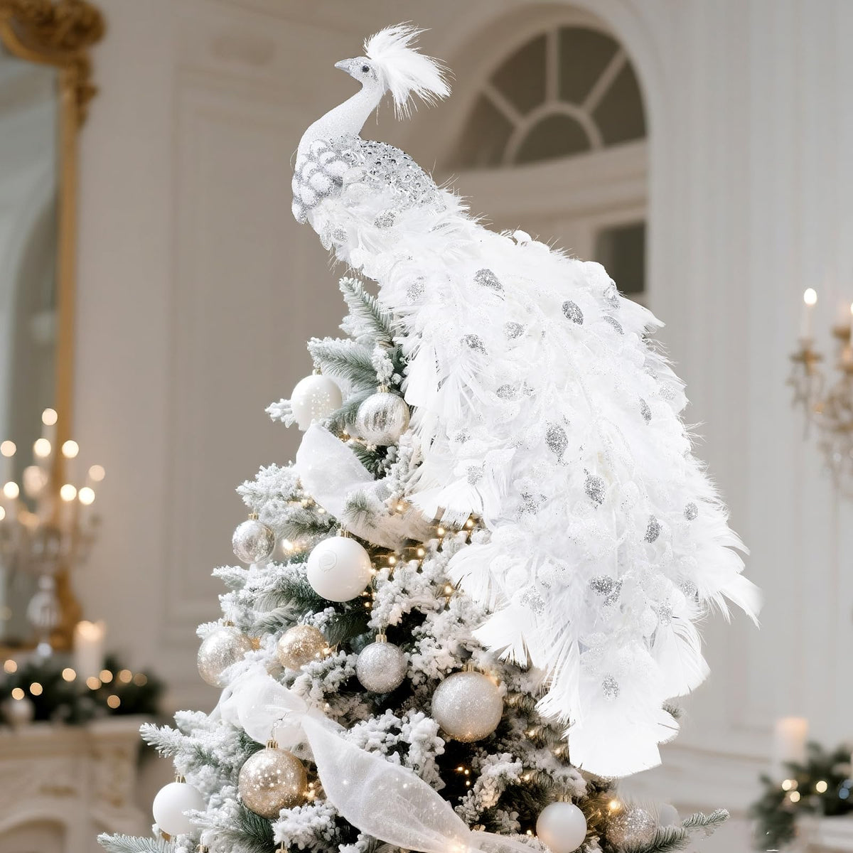 Retisee front view of white peacock topper showing elegant silhouette and sparkle