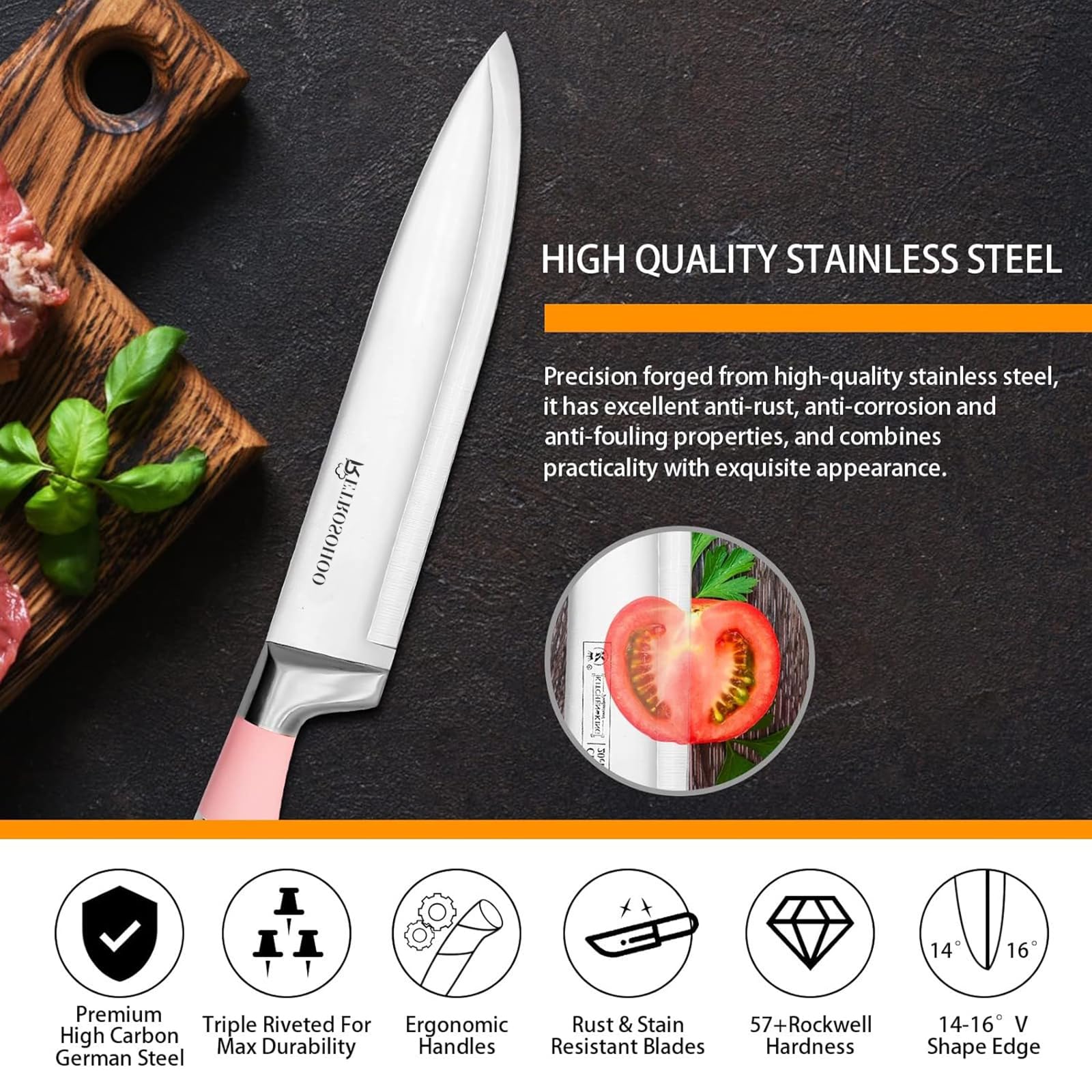 RETROSOHOO close-up of chef knife edge highlighting sharp German stainless steel cutting ability