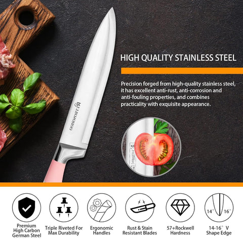 RETROSOHOO close-up of chef knife edge highlighting sharp German stainless steel cutting ability
