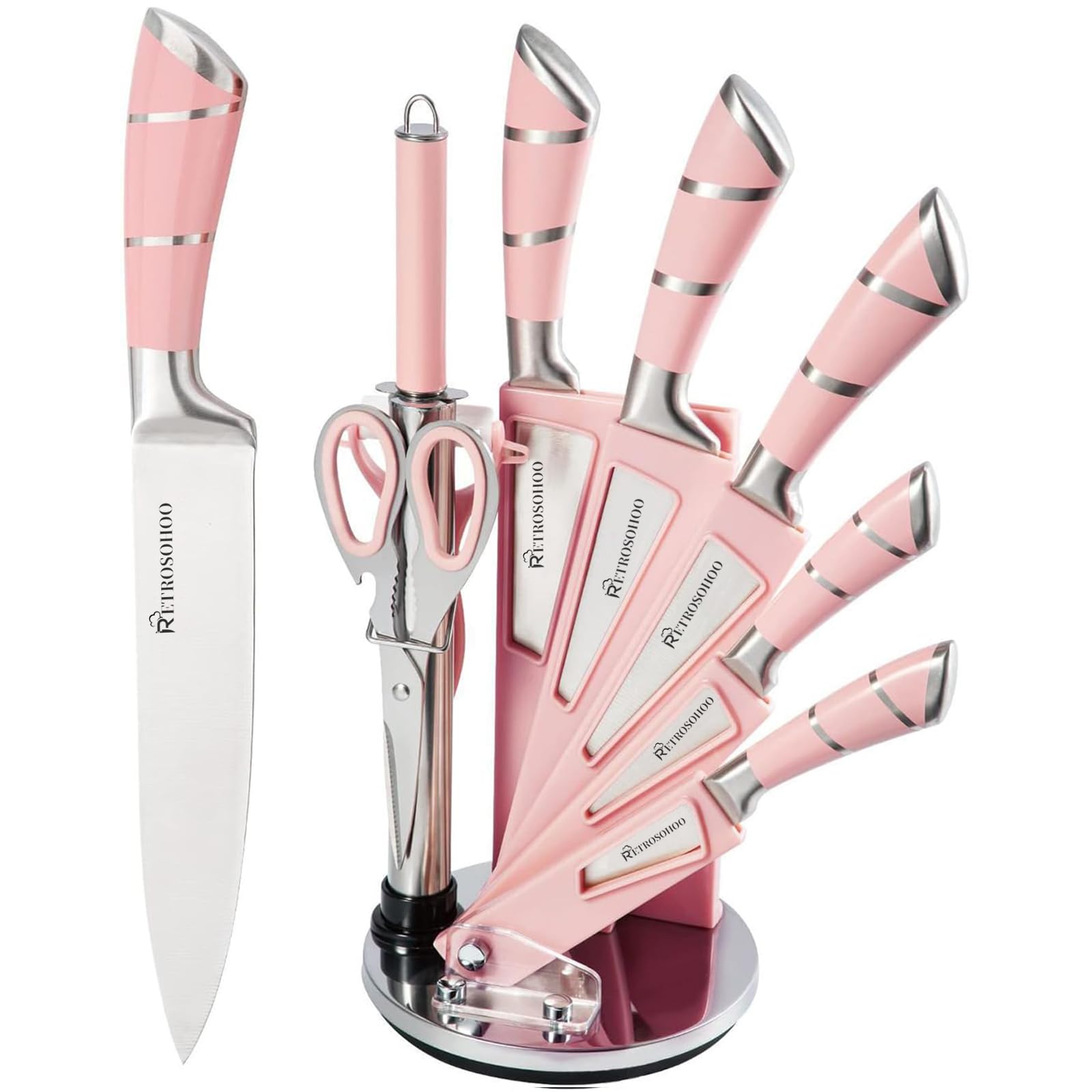 RETROSOHOO front view of pink knife set showing organized block and tools, stylish storage