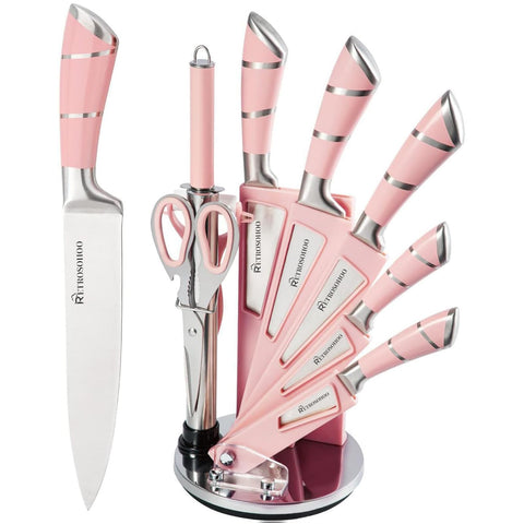 RETROSOHOO front view of pink knife set showing organized block and tools, stylish storage
