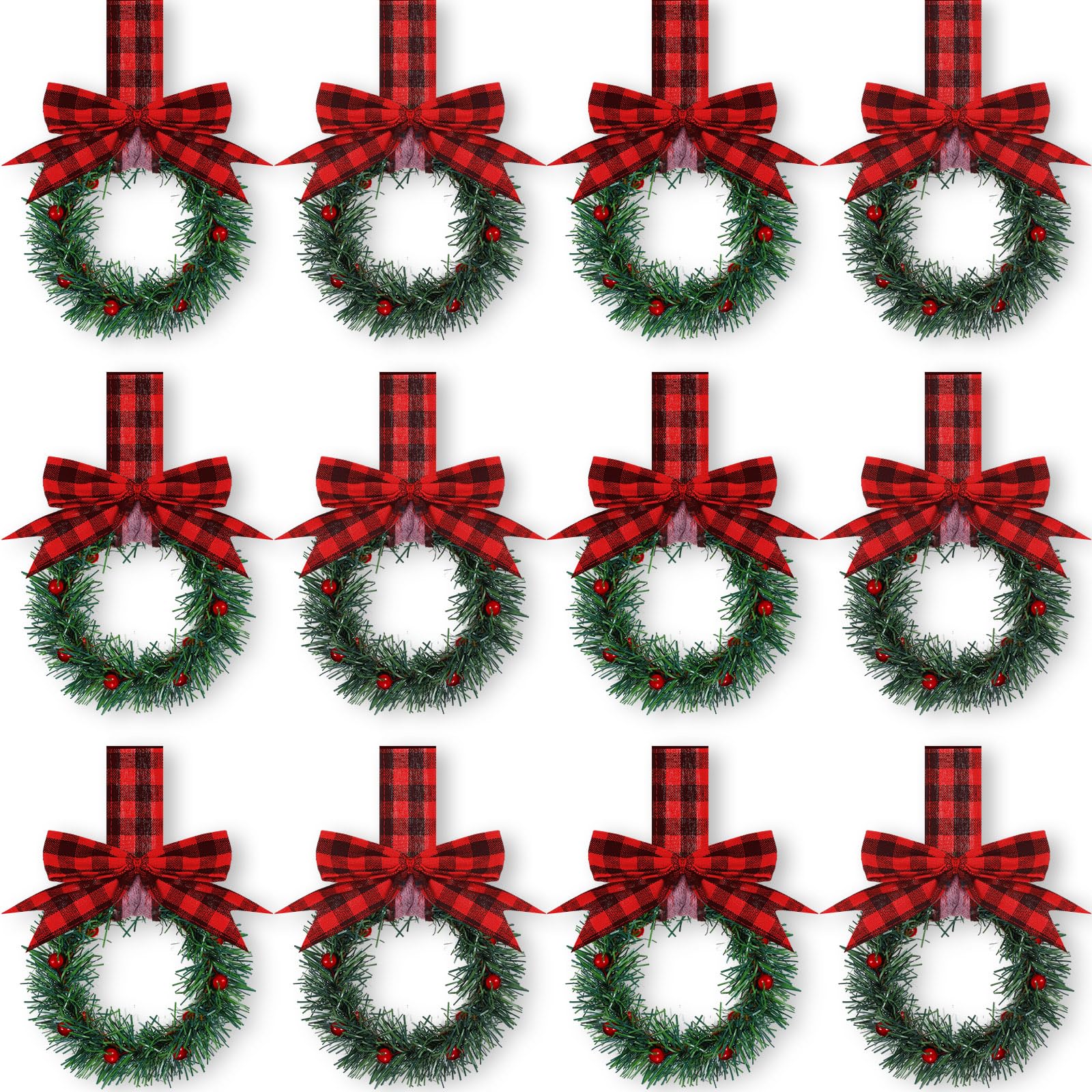 Retrowavy front view of twelve small cabinet wreaths showing festive set