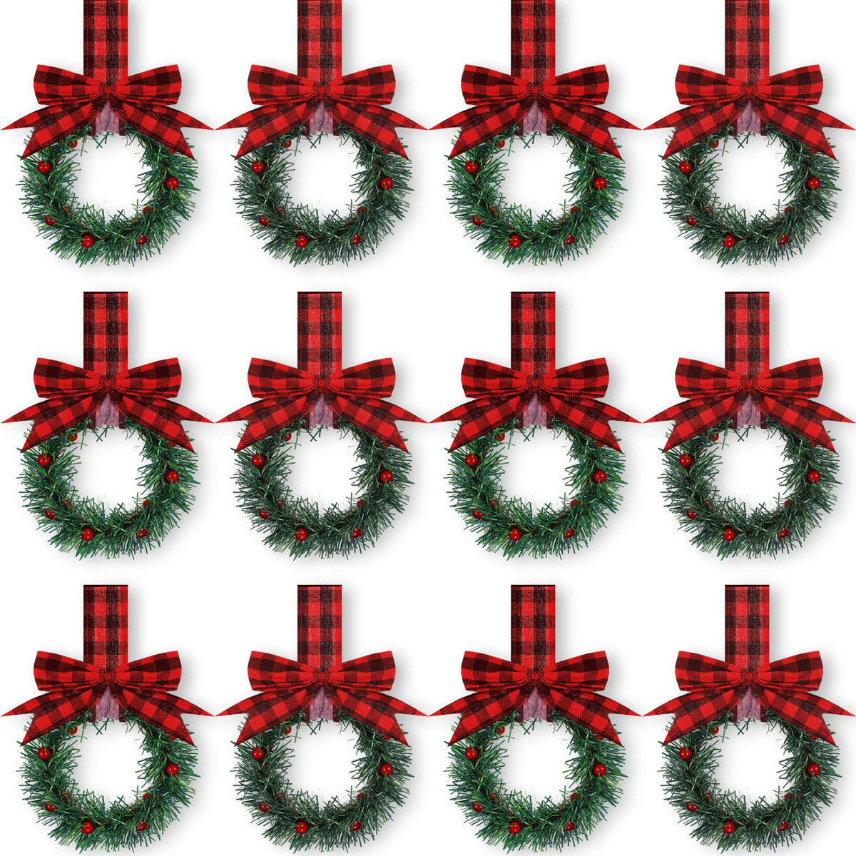 Retrowavy front view of twelve small cabinet wreaths showing festive set