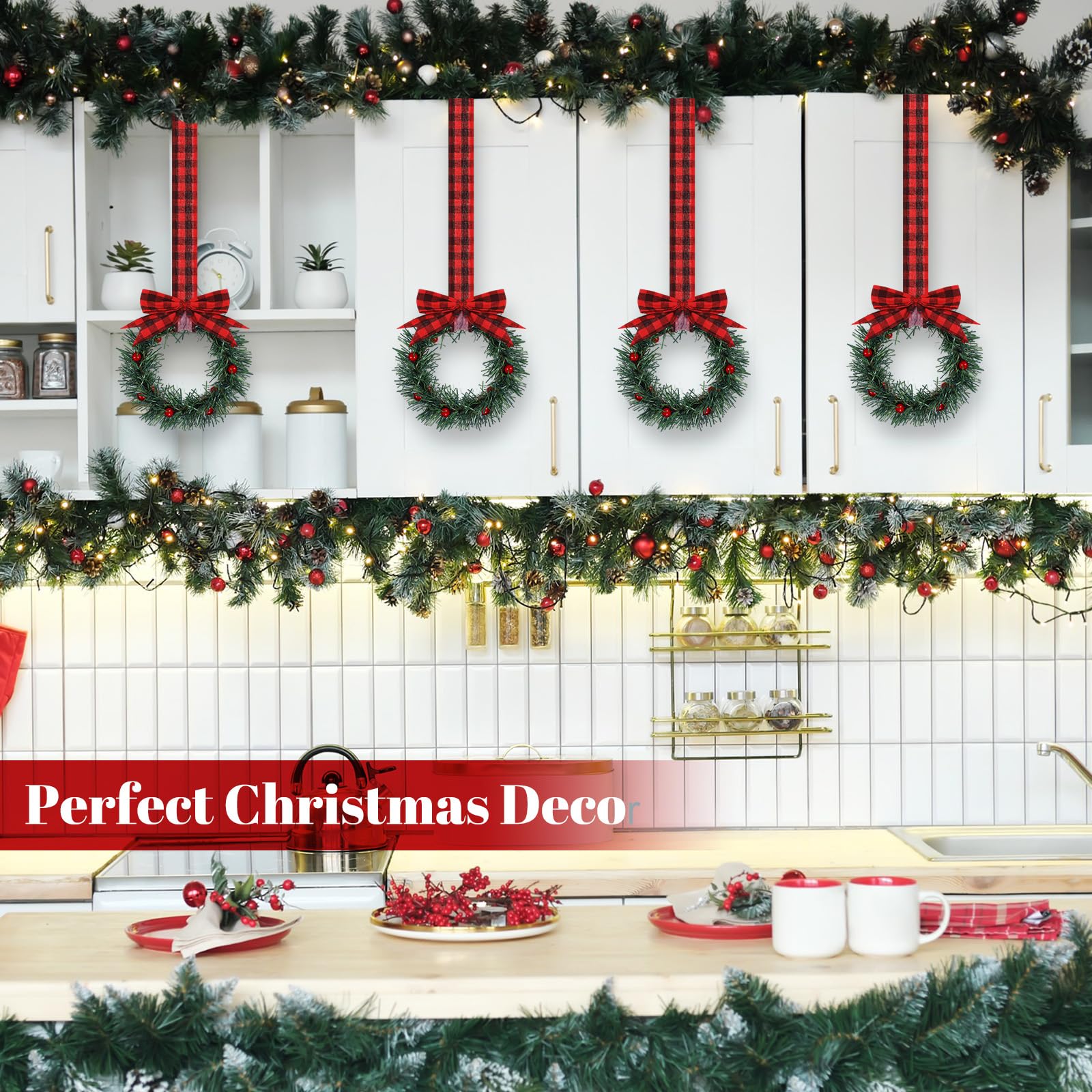 Retrowavy mini wreaths hung on kitchen cabinet doors for compact cheer