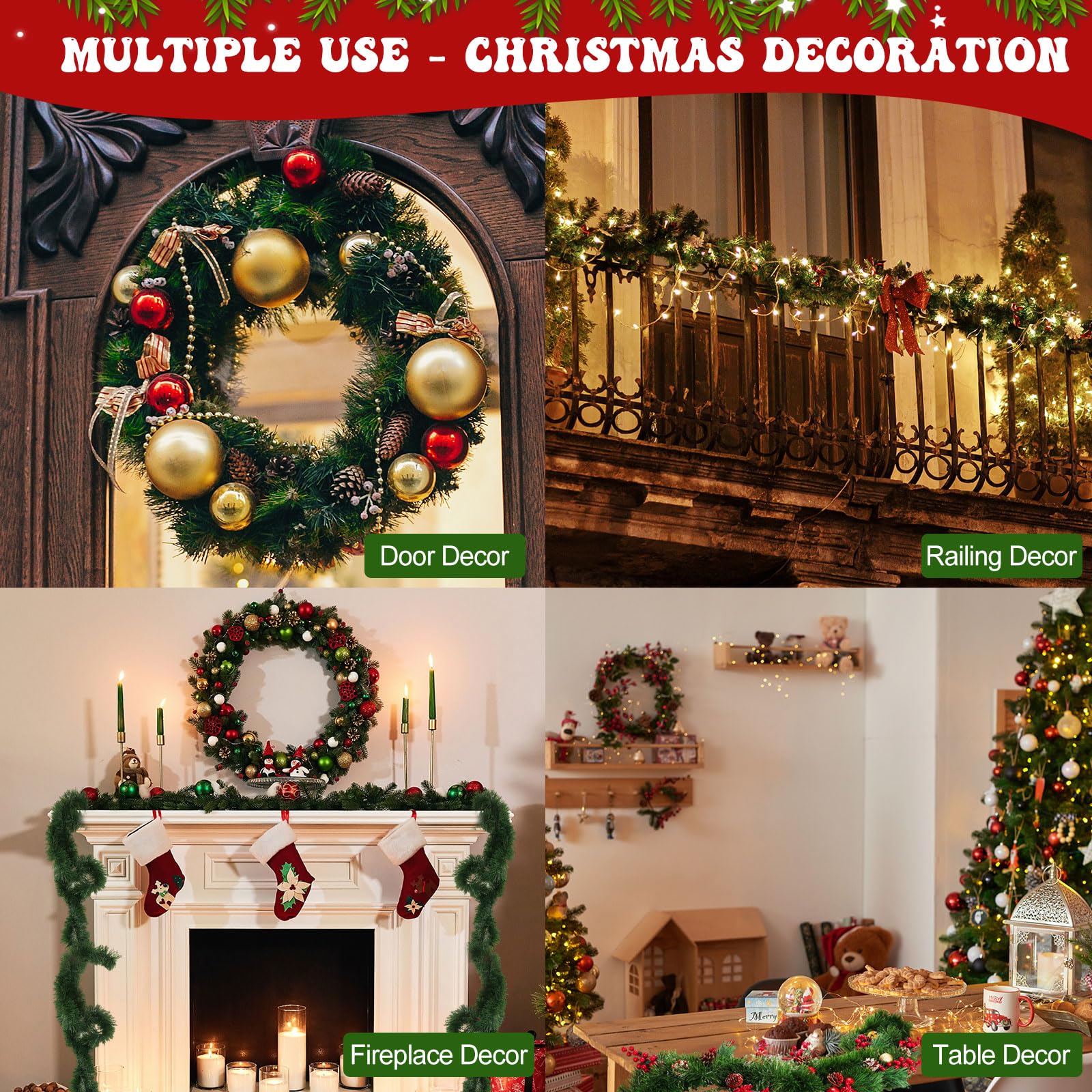 Retrowavy styled mantel display illustrating how garland enhances décor