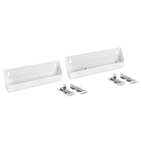 Rev-A-Shelf front view showing both white tip-out trays and benefits of neat storage