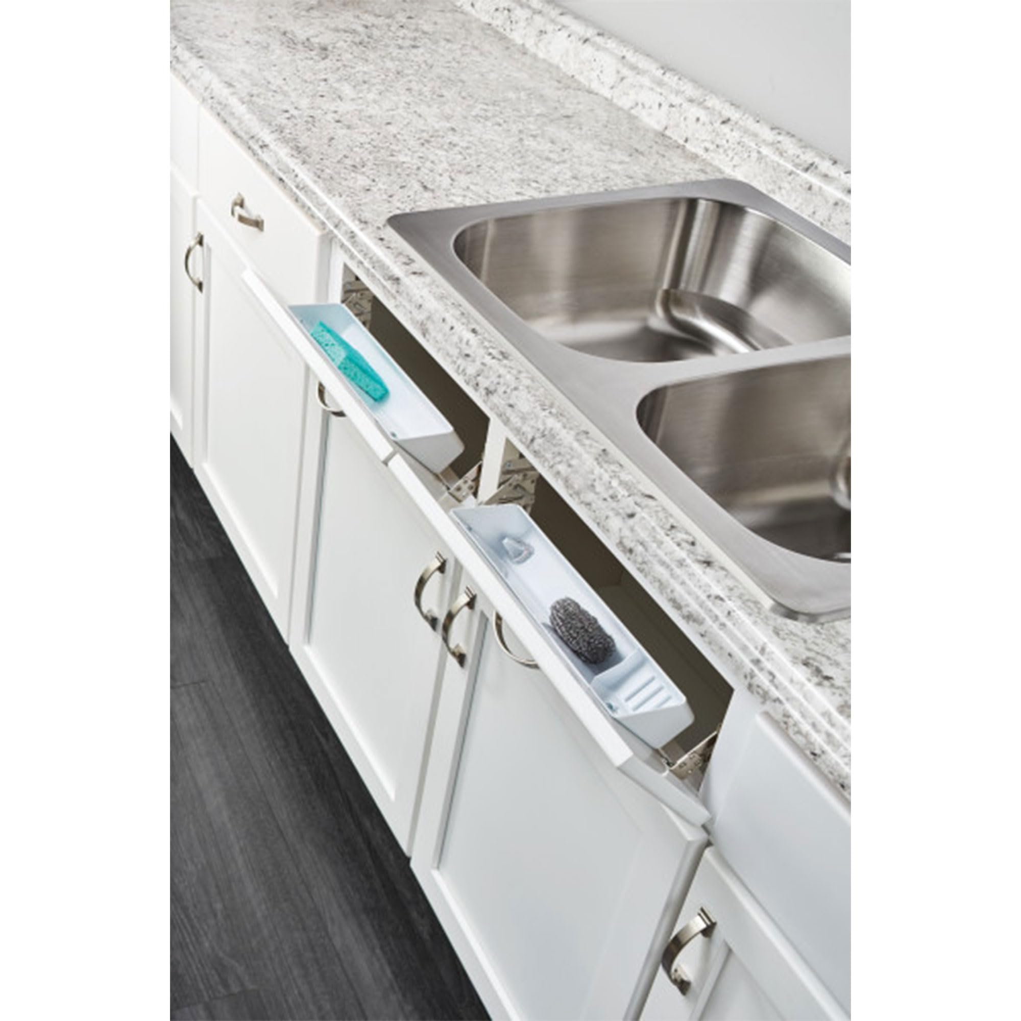 Rev-A-Shelf installed under bathroom vanity illustrating tidy toiletry storage