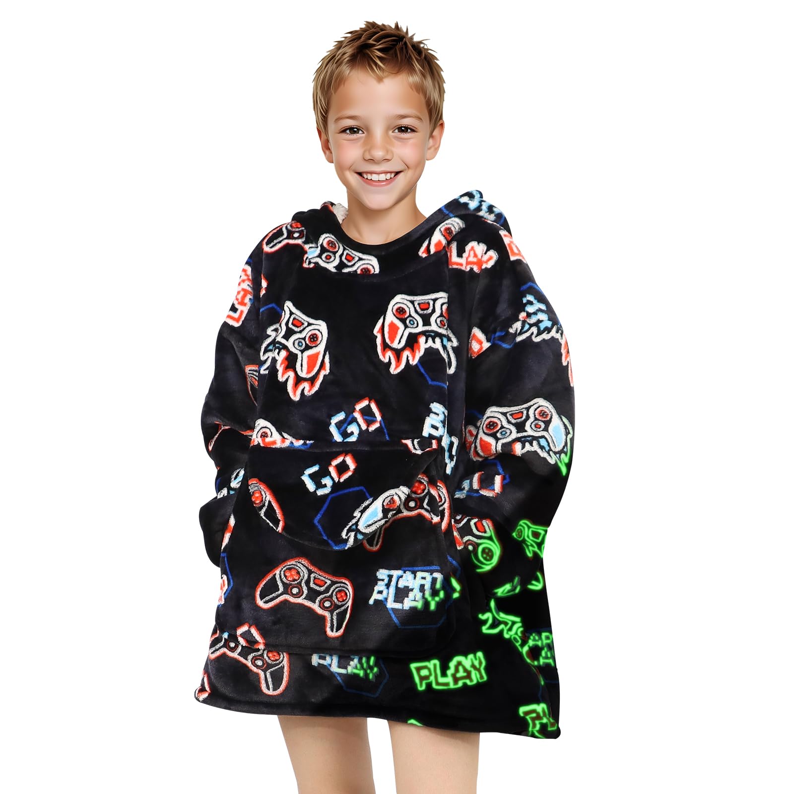 REXEO front view of hooded wearable blanket showing full coverage and comfort