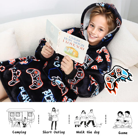 REXEO kid wearing hoodie on couch showing relaxed comfort during play