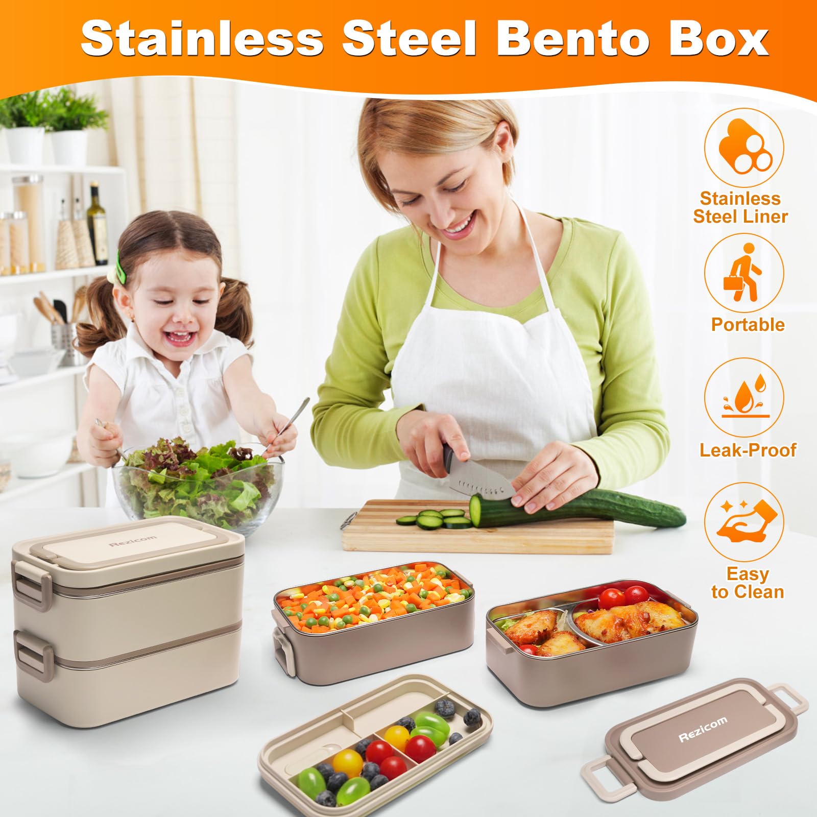 Rezicom open top layer revealing internal compartments for organized meals