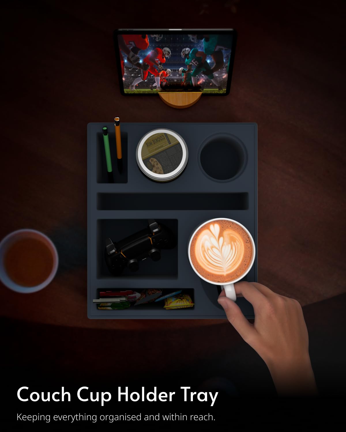 RGBDOT bedside setup with tablet showing hands-free viewing benefit