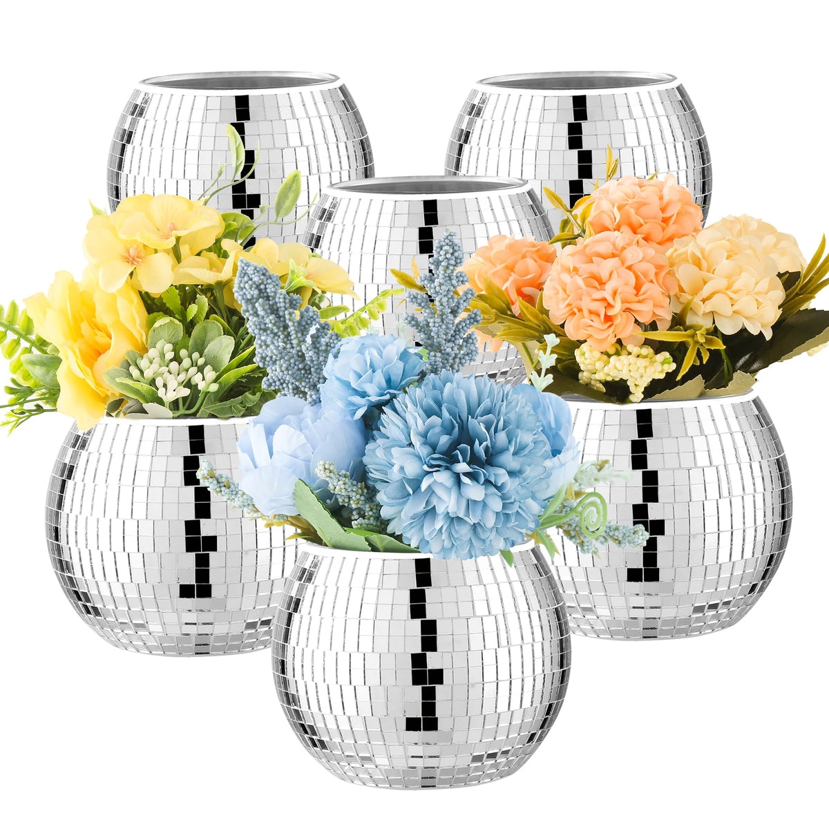 RGBDOT front view showing six mirrored disco ball vases and party-ready shine