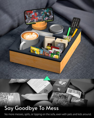 RGBDOT tray in use on sofa holding drink remote and snack for convenience